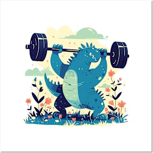 dino lifting weight Posters and Art